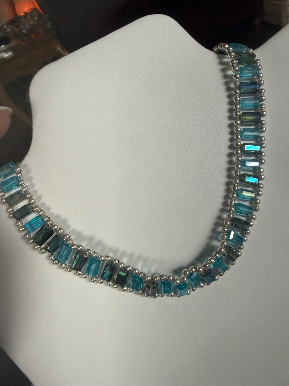 Silver &Blue Crystal and green borealis Baguette chocker or bracelet 
Stretch